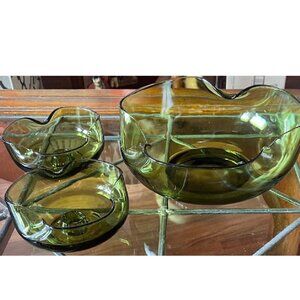 Vintage Anchor Hocking Bowl and Candleholders Olive Green Glass 1960’s 3 Piece S